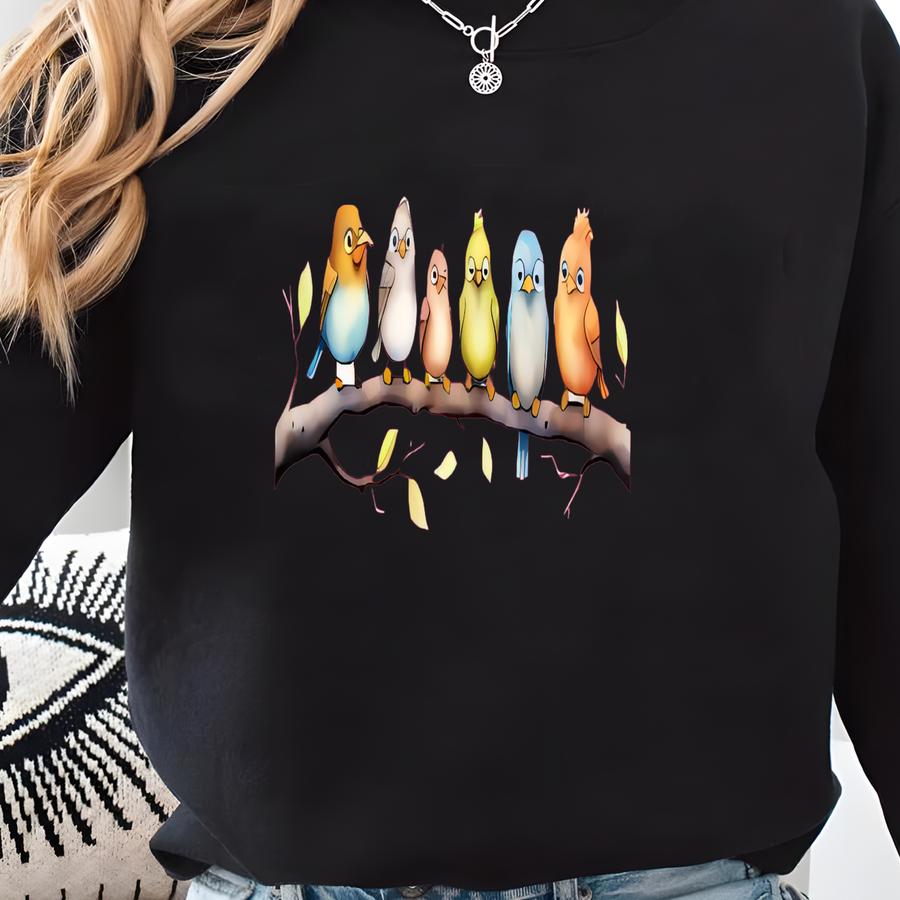 Watercolor Bird Shirt: Colorful Songbirds On Limb, Soft Unisex Tee Sweatshirt