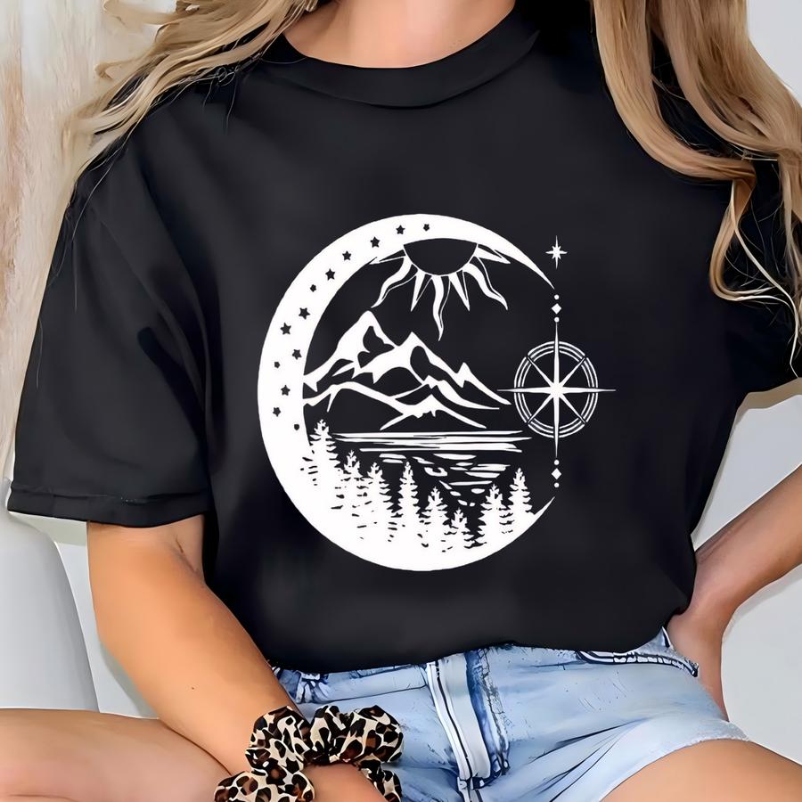 Compass Shirt, Compass Mountain Shirt, Cute Graphic Shirt, Compass Moon Mountain Shirt, Adventure Shirt, Travel Shirt, Camping Lover Shirt T-shirt