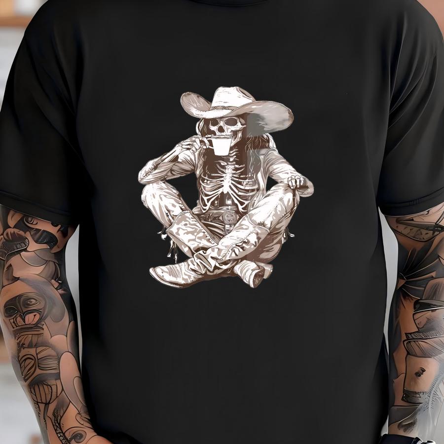Skeleton Cowgirl Art Print | Retro Cowgirl Drinking Coffee, Bone-a-fide Cowgirl, Large Vintage Cowgirl Wall Art, Gothic Cowgirl Wall Decor T-shirt