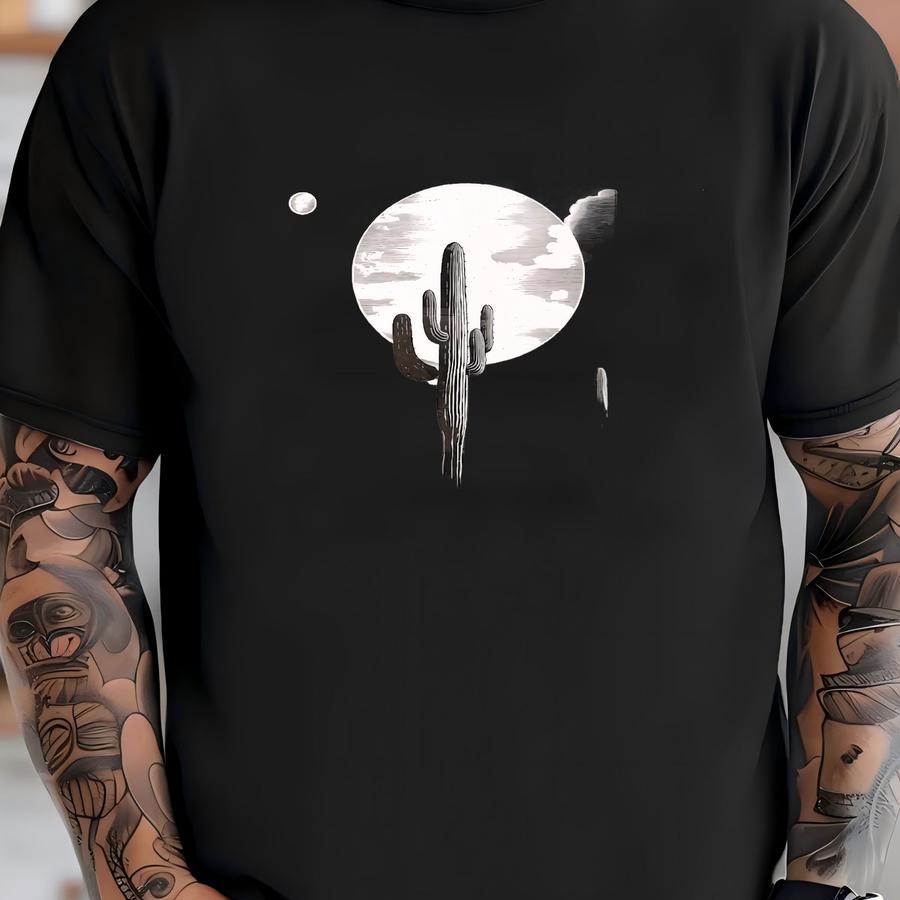 Saguaro Cactus Art Print | Retro Cactus Wall Art, Black And White Western Art, Surreal Southwest Desert Landscape Print, Large Cactus Decor T-shirt
