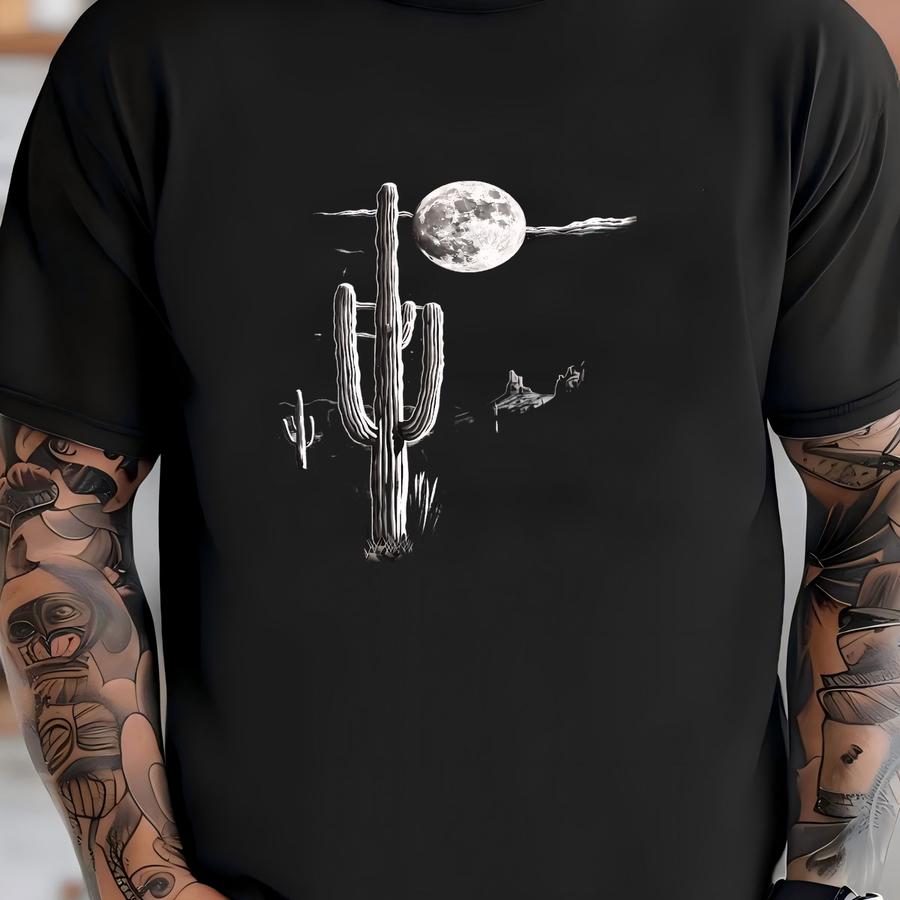 Black And White Saguaro Cactus Art Print | Retro Cactus Wall Art, Vintage Western Art, Southwest Desert Landscape Print, Cowboy Wall Art T-shirt
