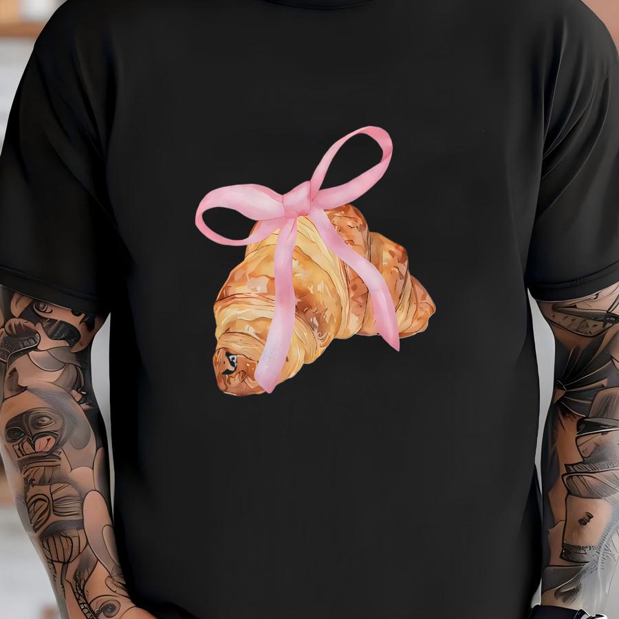 Cute Croissant Baby Tee, Pink Ribbon Bow Tee, Y2k Shirt, Cute Top, Graphic Baby Tee,90s Baby Tee, French Funny Shirt T-shirt