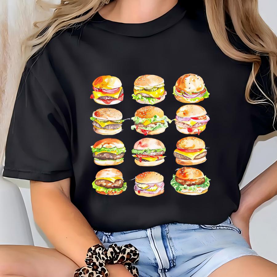 Burger Lover Tshirt, Cheeseburger Shirt, Foodie Tee, Watercolor Design, Vintage Distressed Top, Cool Fast Food Shirt, Hamburger Collage Tee T-shirt