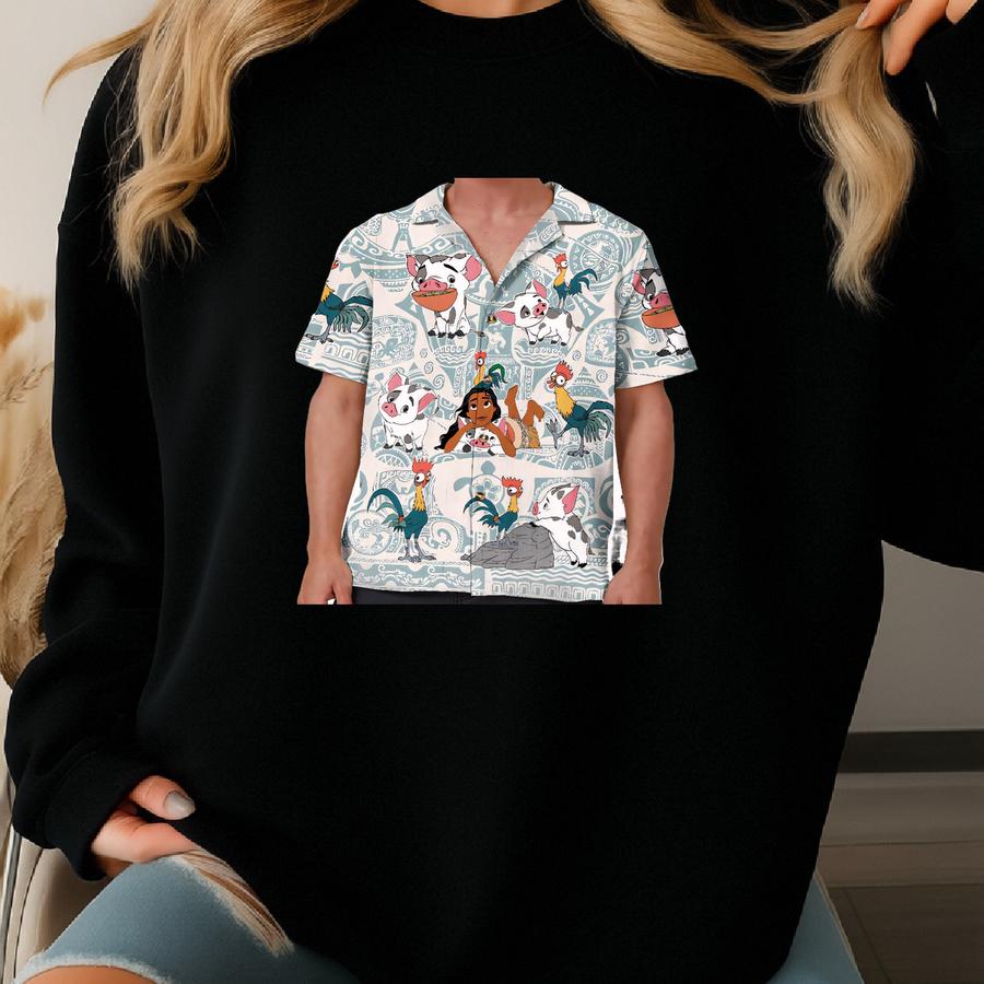 Moana Hawaiian Shirt Maui Pua And Heihei Hawaiian Shirt, Moana Birthday Button Up Shirt, Family Matching Trip Shirt, Birthday Gift Sweatshirt