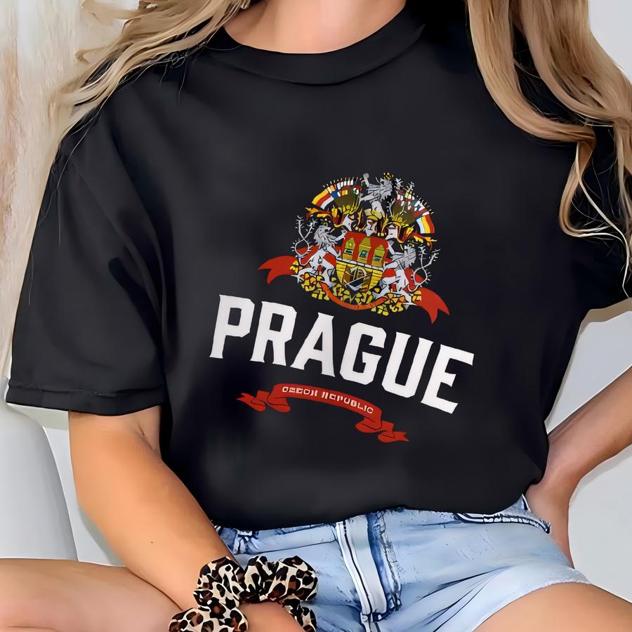 Tee Prague Black Organic Cotton Czech Republic Souvenir Capital Czechia Coat Of Arms City Pragua Traveler Gift Kingdom Bohemia Eu T-shirt