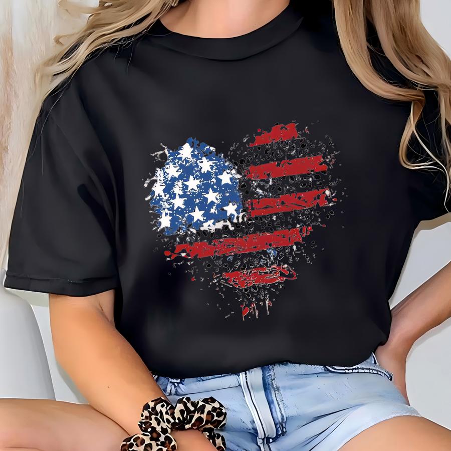 American Flag Heart Tee, 4th Of July Tee, American Girl Tee, Patriotic Gifts, Independence Day Totes, Women Shoulder T-shirt