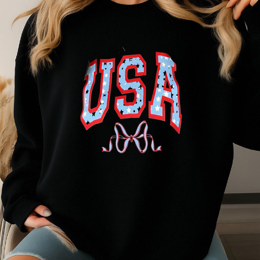 Usa Coquette T-shirt, 4th Of July Girly Shirt, Summer Themed Shirt, Coquette Bow Themed America T-shirt, Sweatshirt, Gildan Sweatshirt