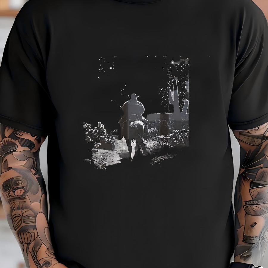 Vintage Cowboy Riding Horse Fine Art Print | Black And White Retro Desert Wall Decor, Modern Western Collage Art, Southwest Cowboy Prints T-shirt