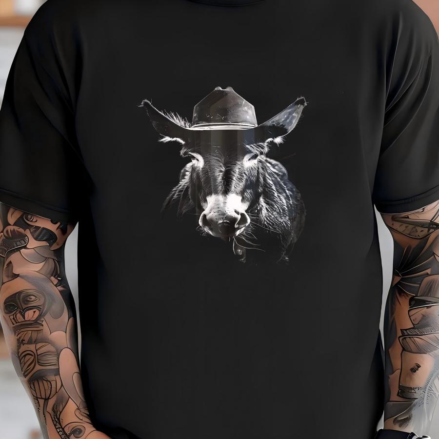 Cute Donkey Wearing Cowboy Hat Art Print, Western Farm Animal Print, Large Black And White Western Living Decor, Modern Ranch House Wall Art T-shirt
