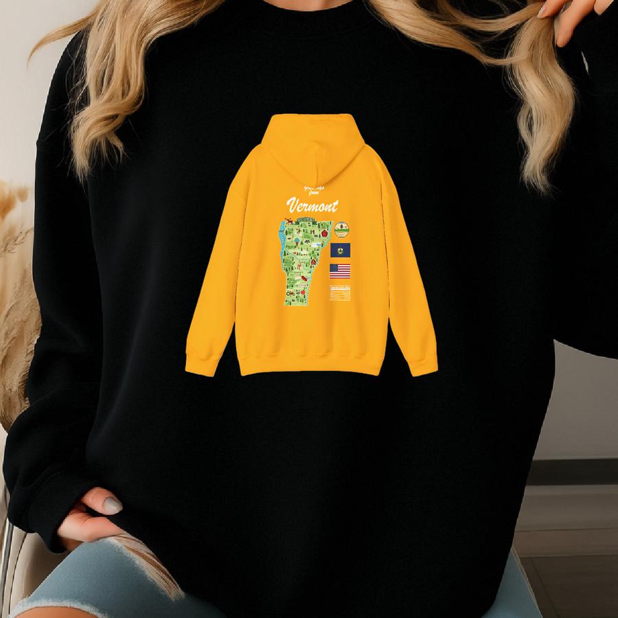 Vermont State Map - Unisex Hooded Sweatshirt, Art Print, Sweatshirt, Hoodie, T Shirt, T-shirt, Tee, Gift, Vintage, Unisex Hoodie Sweatshirt