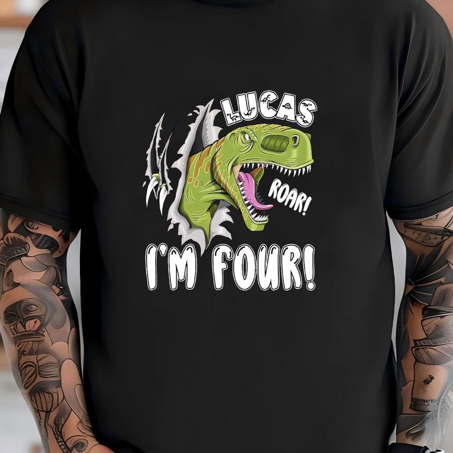 Roar I'm Four Birthday Shirt, Custom Dino Birthday Shirt, Dinosaur Tshirt, Personalized T-rex Birthday Gift Tee, Four Years, Custom Birthday T-shirt
