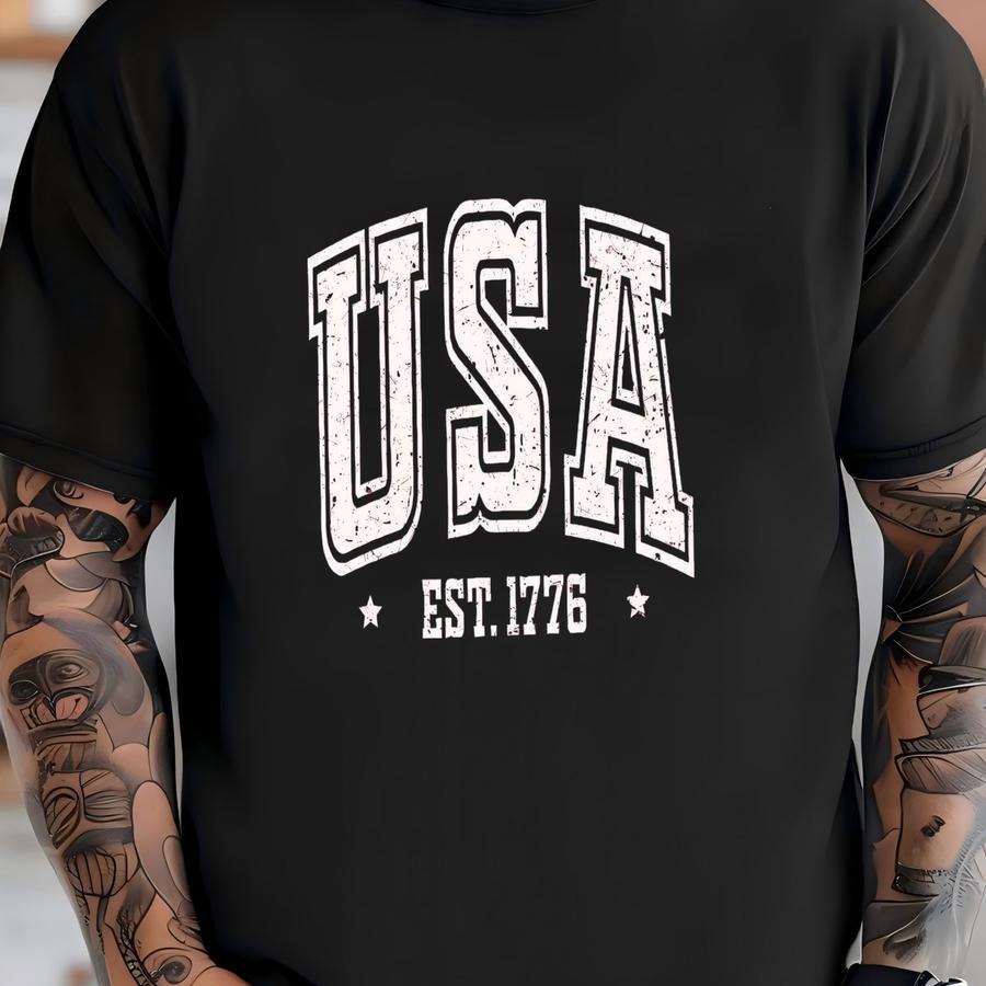 Usa ® Tshirt Retro Distressed Varsity Block Tee Garment-dyed Usa Est 1776 Faded Vintage Aesthetic Unisex 4th Of July Tshirt T-shirt