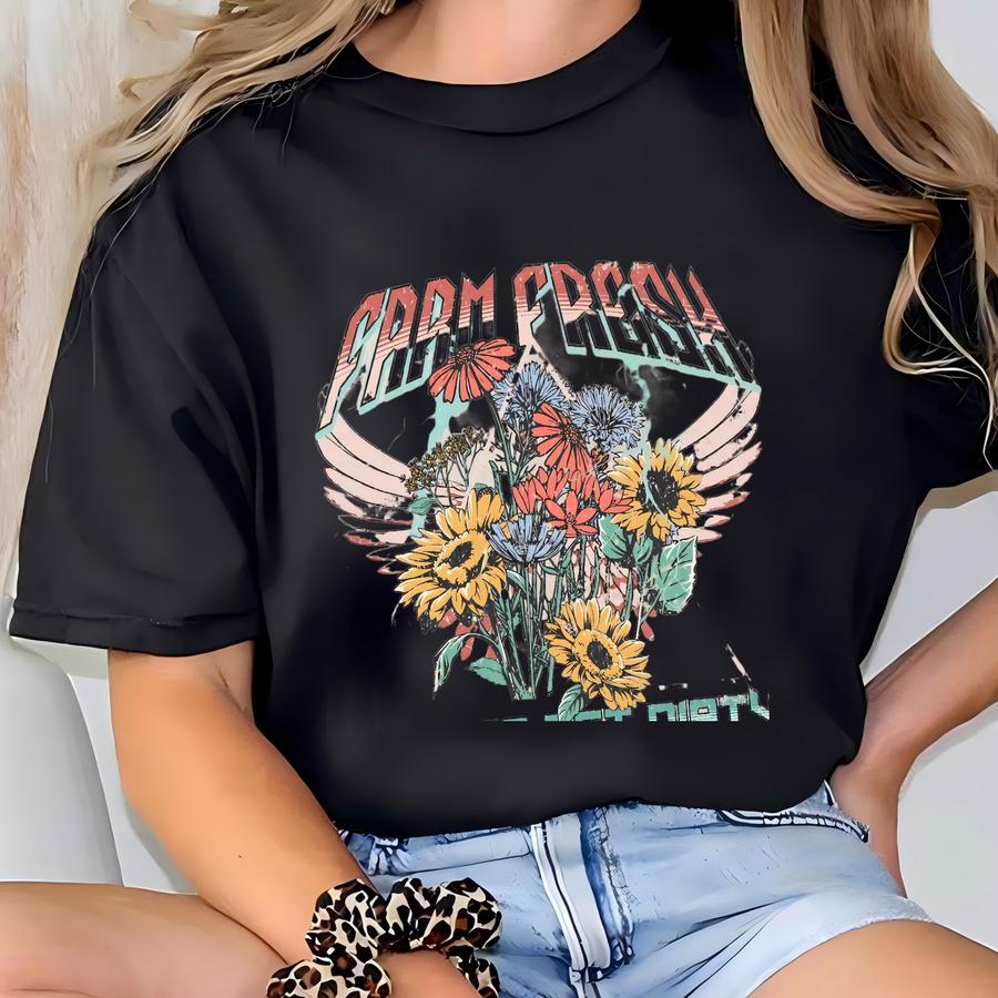 Farm Fresh Farmer's Market Canvas And Denim Tote, Rock-n-roll Style Plant Mama, Farmer Girl Tote, Gift For Sister, Farm Lover Tee T-shirt