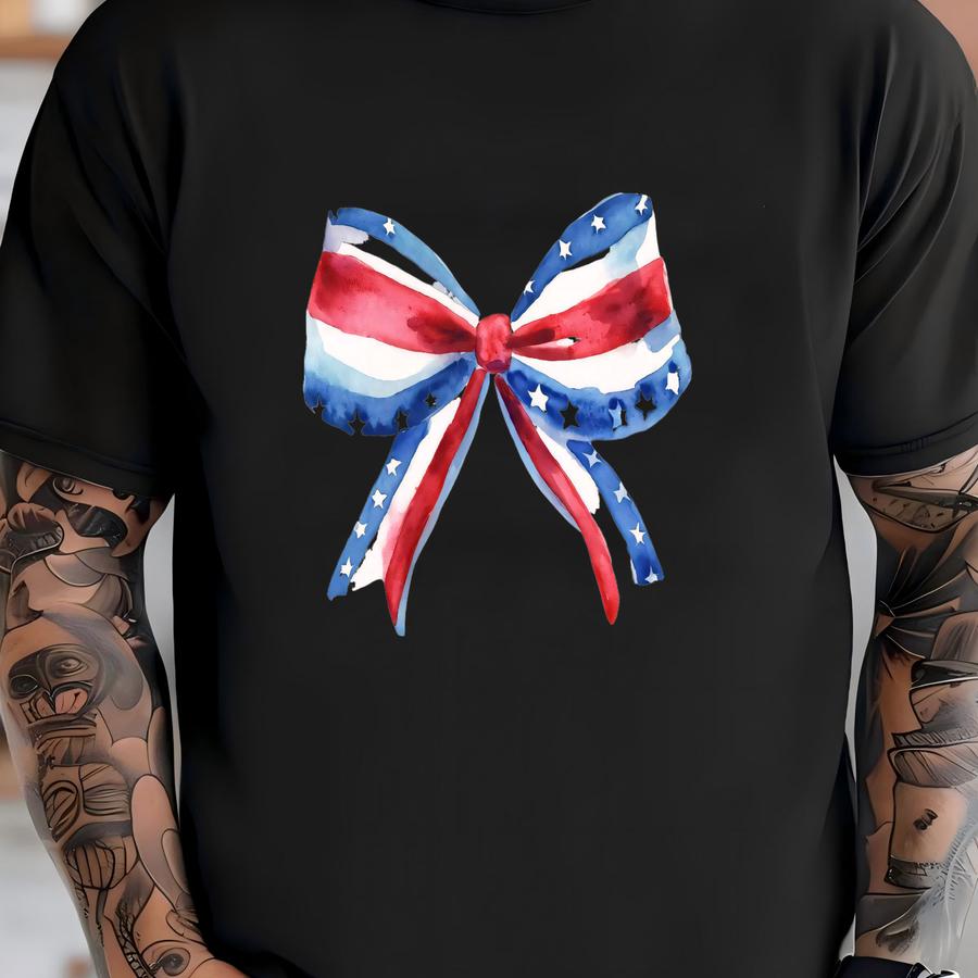 Red White + Blue ® Tshirt Watercolor Bow Garment-dyed Usa Coquette Tee Faded Vintage Style Tshirt 4th Of July Bow Tshirt T-shirt