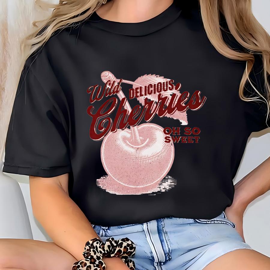 Wild Cherries Coquette Sweatshirt, Soft Girl Era Gift, Vintage-style Food, Farmers Market Crew, Cute Cherries Shirt, Delicious Yummy Cherry T-shirt