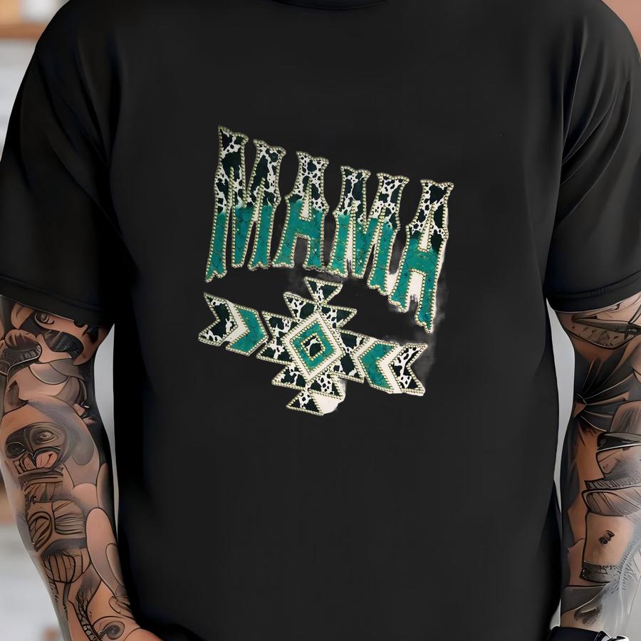 Western/cow Print/ Turquoise Mama Sublimation Tee, Western Shirt, Aztec, Native, Cow Print, Rodeo, Girl Gift, Women's Gift, Mother's Day T-shirt