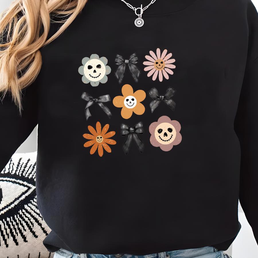 Retro Jack O'lantern Flower Tee With Coquette Bows, Classroom Halloween Shirt, Matching Teacher Halloween Graphic Tee, Youth Halloween Tee Sweatshirt