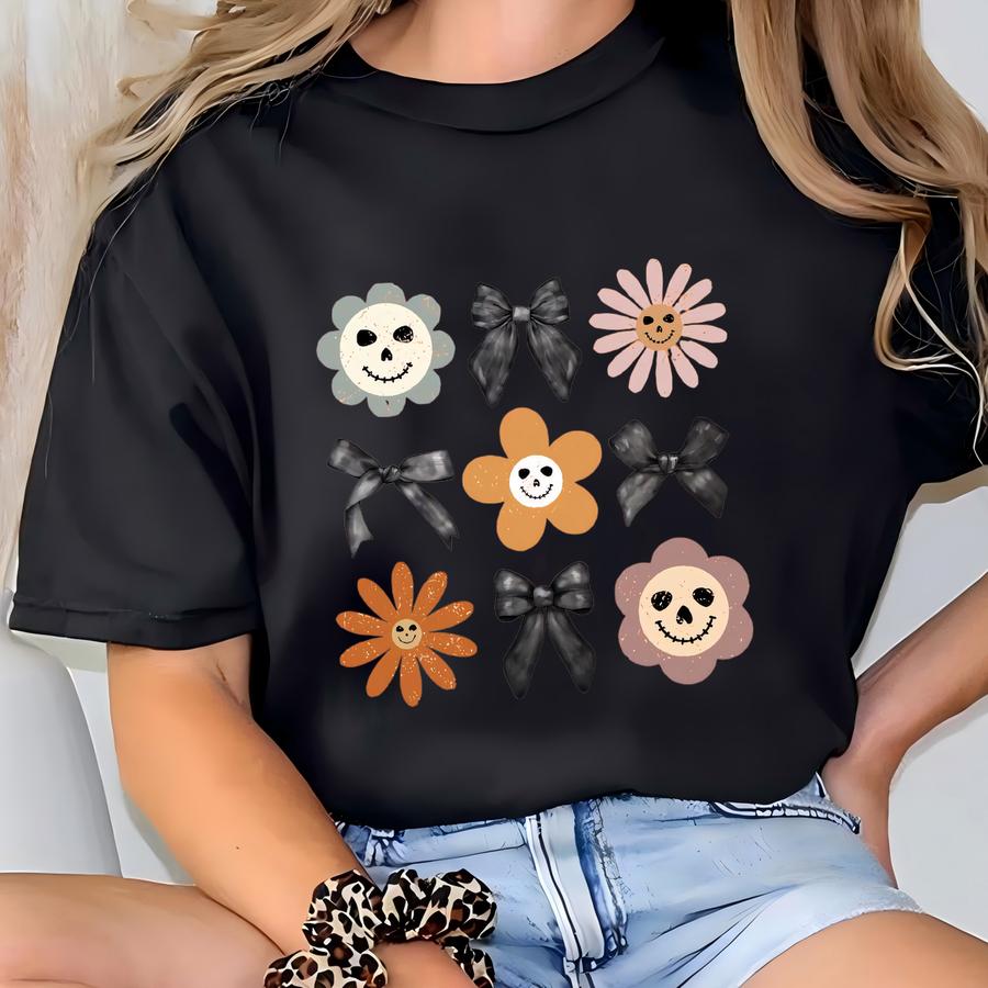Retro Jack O'lantern Flower Tee With Coquette Bows, Classroom Halloween Shirt, Matching Teacher Halloween Graphic Tee, Youth Halloween Tee T-shirt