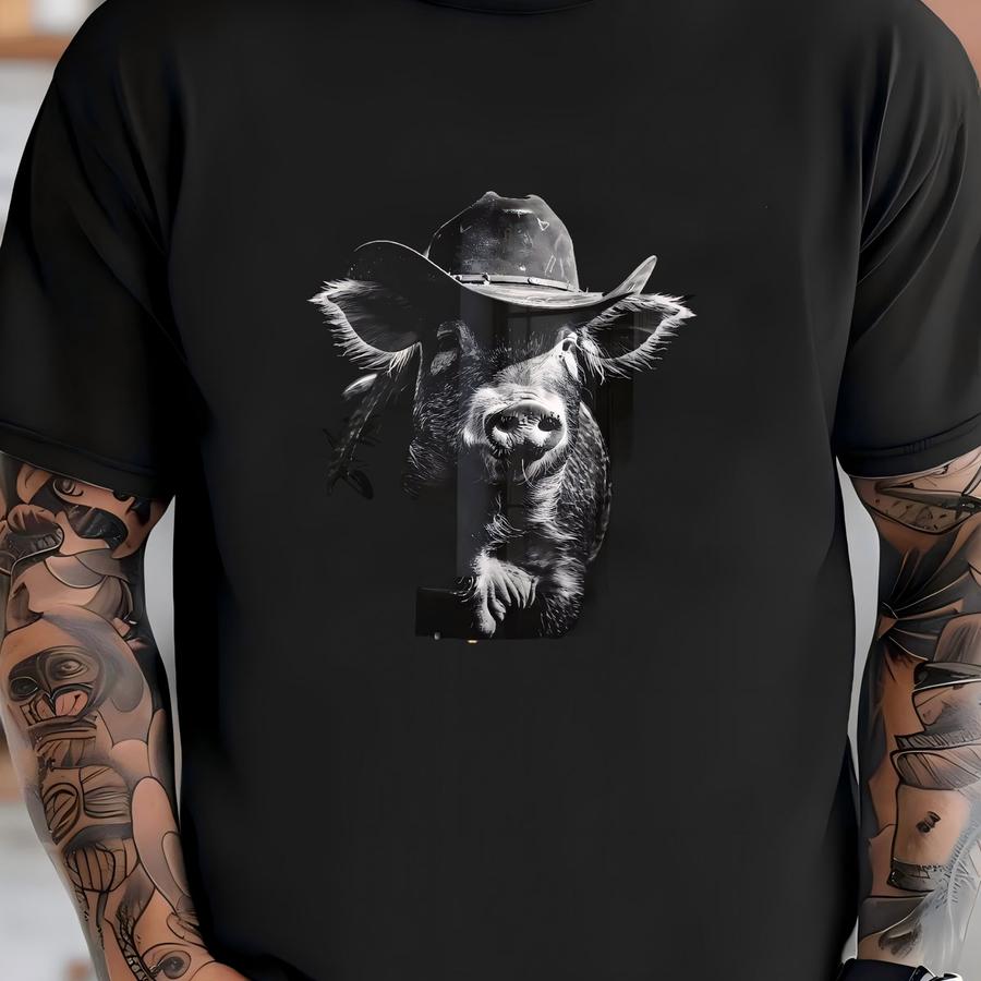 Cute Pig Wearing Cowboy Hat Art Print, Western Farm Animals Print, Large Black And White Western Living Decor, Modern Ranch House Wall Art T-shirt