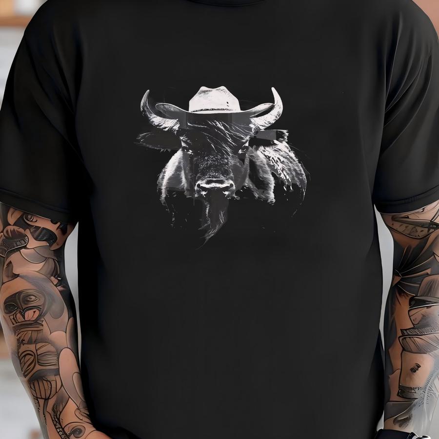 Cute Cow Wearing Cowboy Hat Art Print, Texas Bull Print, Western Steer Cattle Decor, Large Western Living Decor, Modern Ranch House Wall Art T-shirt