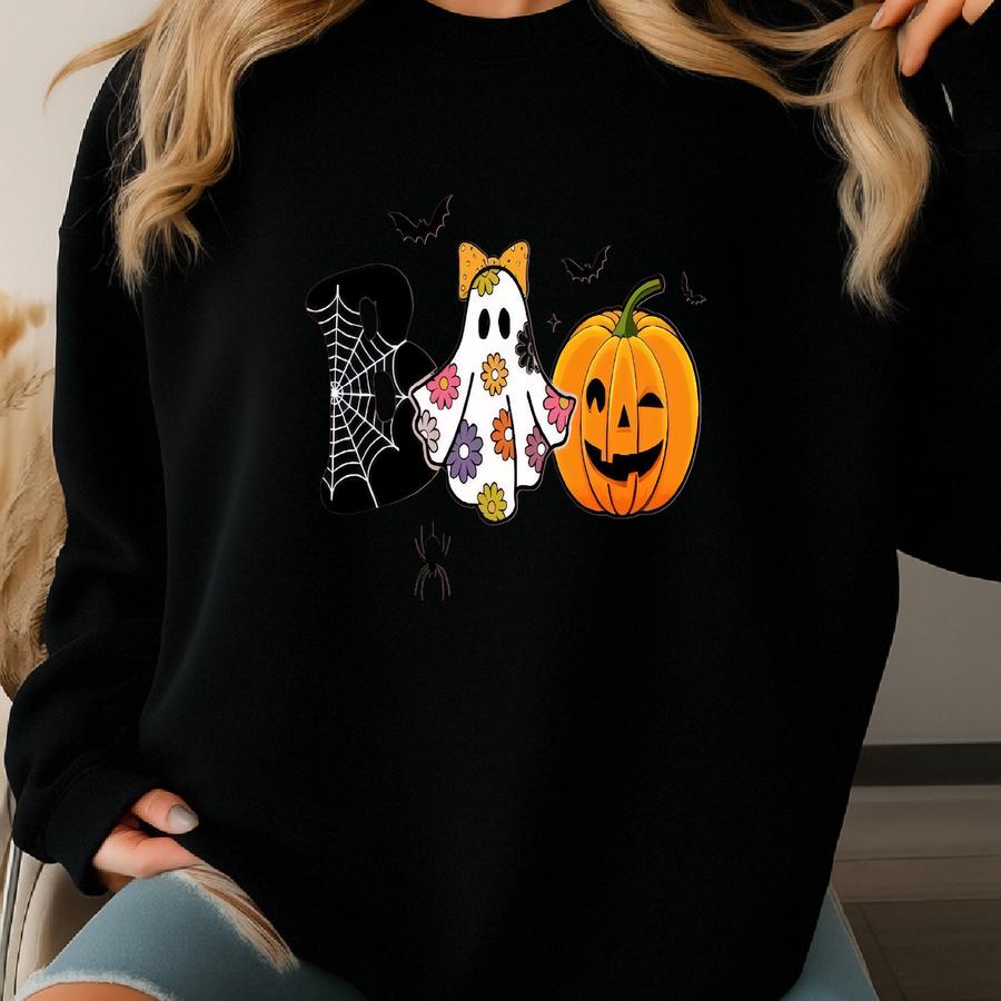 Boo Halloween Baby Romper Sweatshirt, Spooky Season Romper, Ghost Floral Halloween Baby Bodysuit, First Halloween Bubble Romper Sweatshirt