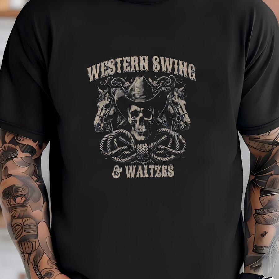 Western Swing Waltzes Vintage Western Tee, Oklahoma Red Dirt Merch, Skull Horses Cowboy Cowgirl Concert Tee, Country Music Festival T-shirt