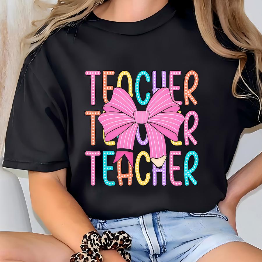 Coquette Teacher Shirt, Back To School Shirt, Teacher Coquette Pink Bow Hoodie, Teacher Gift, First Day Of School Tee, Teacher Appreciation T-shirt