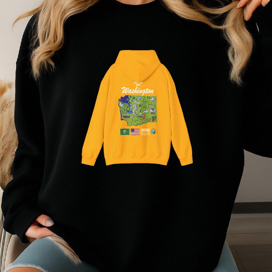 Washington State Map - Unisex Hooded Sweatshirt, Art Print, Sweatshirt, Hoodie, T Shirt, T-shirt, Tee, Gift, Vintage, Unisex Hoodie Sweatshirt