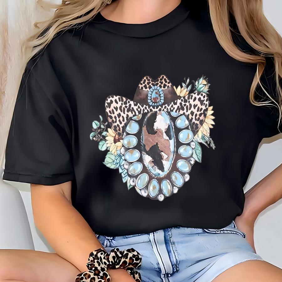 Turquoise Gemstone Shirt, Leopard Cowboy Hat Shirt, Country Music Shirt, Country Tee, Western Tee, Southern Hoodie T-shirt