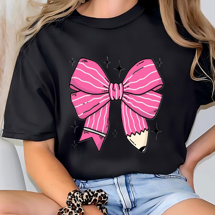 Pink Coquette Teacher Shirt - Pink Coquette Pencil Bow Hoodie - Back To School Tee - Appreciation Gift - Elementary Teacher Gift T-shirt
