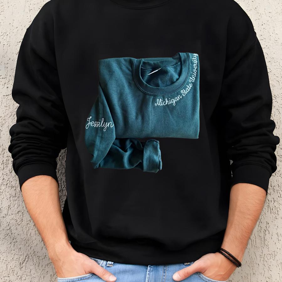 Custom Sports Team Crewneck Sweater With Name On The Sve + Custom Varsity Style Crew Neck Sweater With Team Name On Collar Sweatshirt