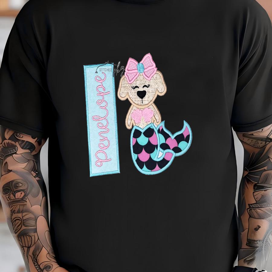 Puppy Dog Mermaid Shirt - Applique Glitter Fabric - Personalized Name - Mint Pink Black - Summer - Girls Toddler Tee T-shirt