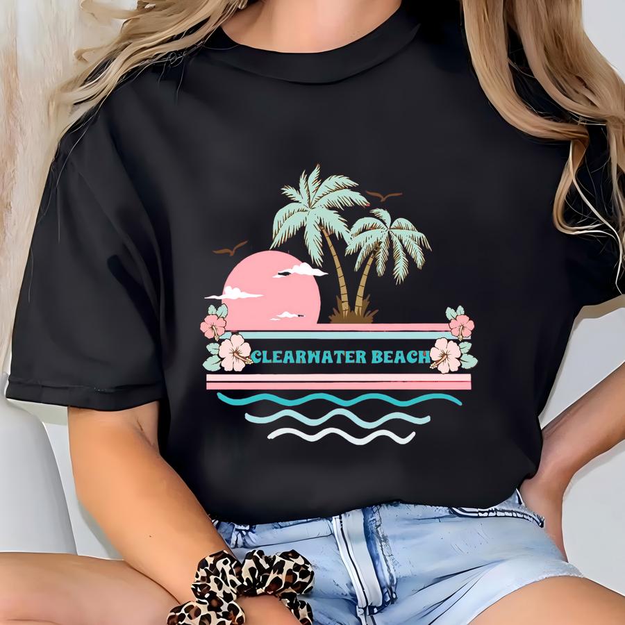 Clearwater Beach Florida Retro Vibes Floral Casual Unisex Hoodie T-shirt