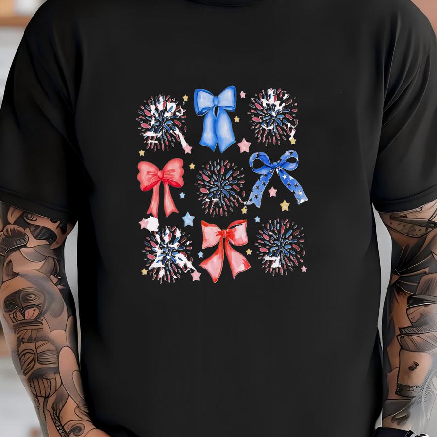 Fireworks ® Tshirt Watercolor Bows + Fireworks Garment-dyed Usa Tee Faded Vintage 4th Of July Coquette Tshirt T-shirt