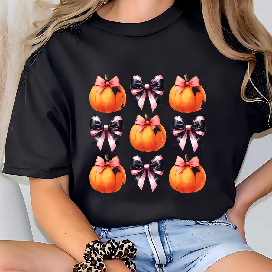 Halloween Shirt, Coquette Halloween, Pumpkin Shirt, Retro Halloween Tee, Fall Shirt, Black Bow Shirt, Halloween Tshirt T-shirt
