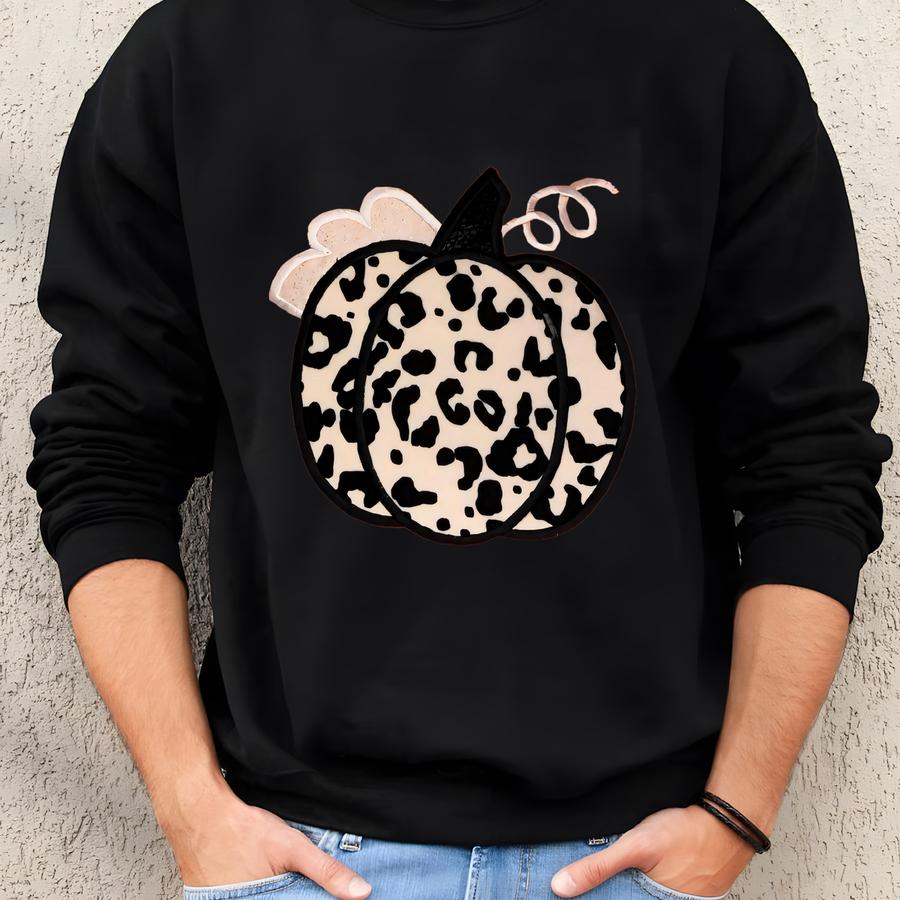 White Leopard Fall Pumpkin Applique Tee, Pumpkin Shirt, Fall Shirt, Halloween, Fall, Pumpkin, Girl Gift, Autumn, Leopard, Halloween Shirt Sweatshirt