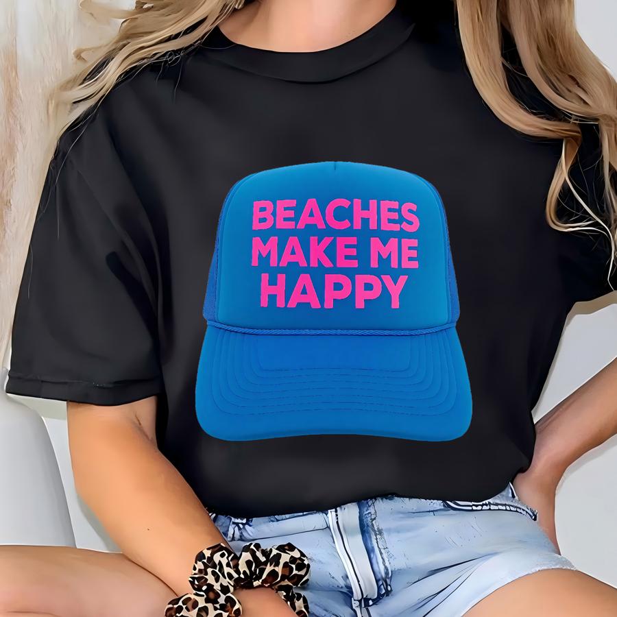 Beaches Make Me Happy Trucker Hat | Summer Vacation Girls Trip Cap | Fun Beach Mesh  T-shirt
