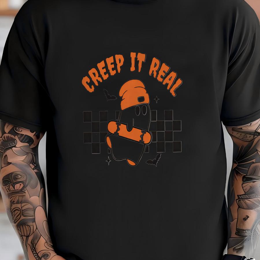 Creep It Real Romper Sweatshirt, Custom Name Halloween Gift, Cute Ghost Baby Bodysuit, Halloween Skateboard Baby Romper, Retro Fall Gifts T-shirt