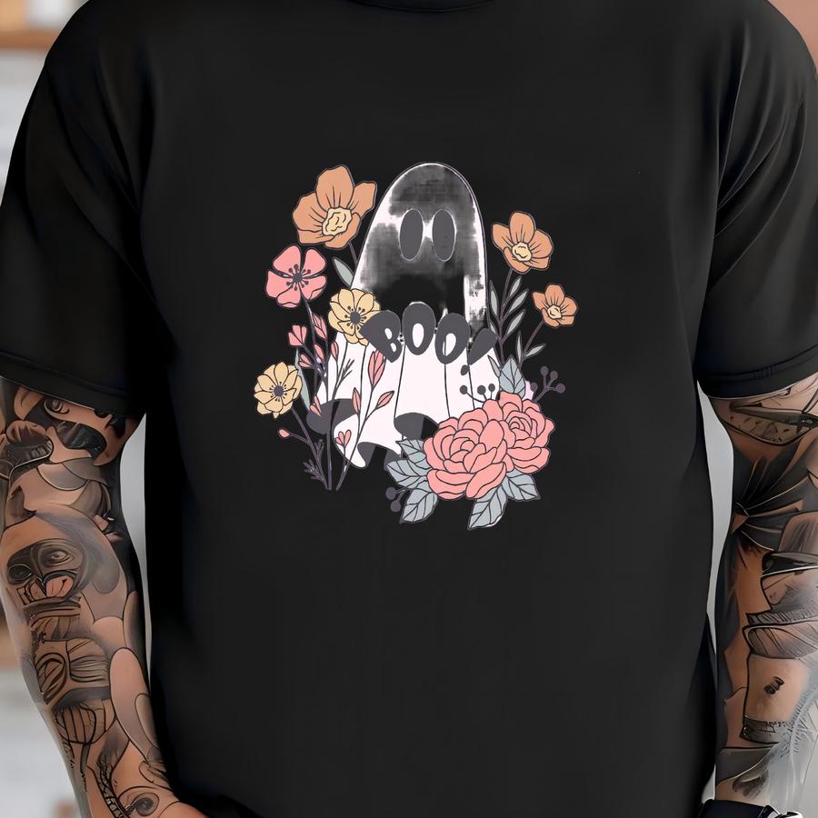 Boho Halloween Sweatshirt, Boo Sweatshirt, Floral Ghost Crewneck, Spooky Season Fun Fall Crewneck Sweater, Autumn Pullover, Boho Ghost Crew T-shirt