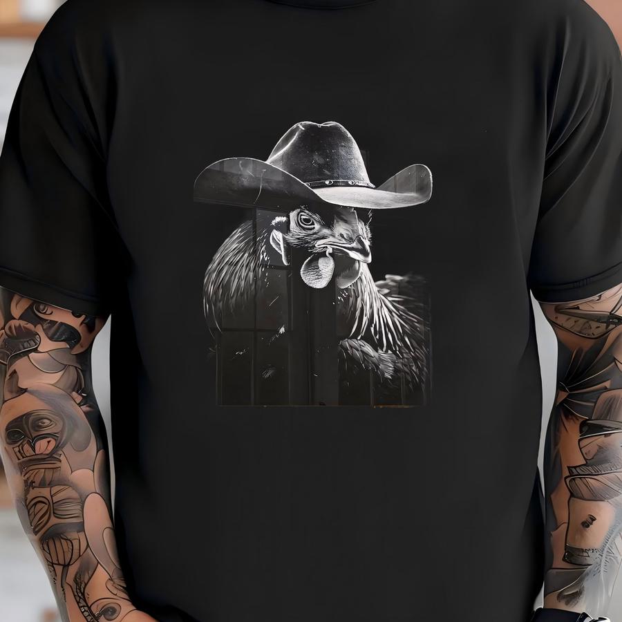 Rooster Art Print, Cute Chicken Black And White Modern Western Art Print, Large Western Living Decor, Ranch House Wall Art, Wild West Prints T-shirt