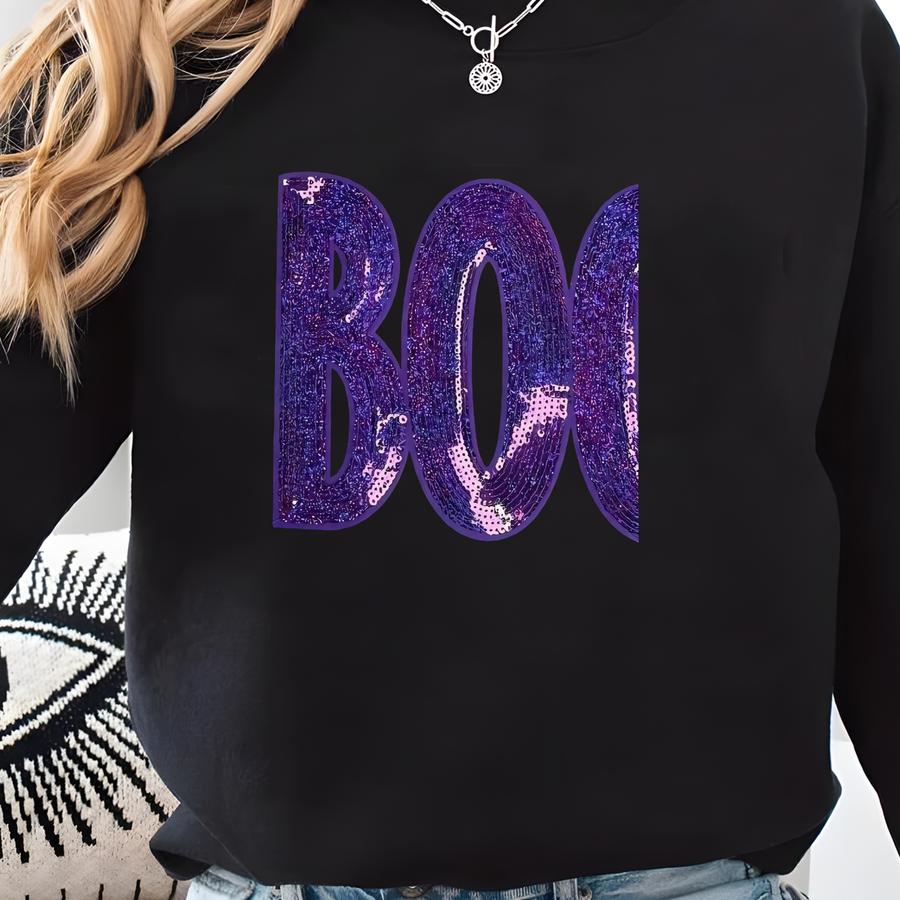 Halloween Boo Sequin Patch Crewneck Sweatshirt, Shirt For Trick Or Treat Sweatshirt