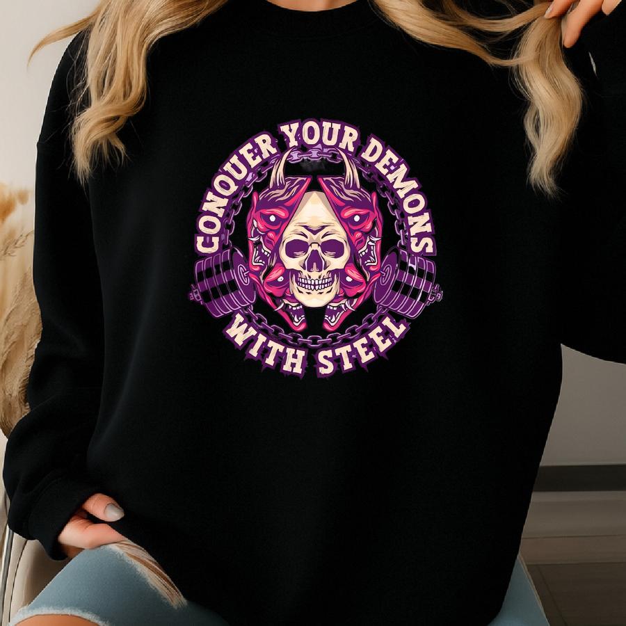 Conquer Your Demons With Steel Shirt, Gym Pump Cover, Weightlifting Gift, Oversized Gym Shirt, Gift For Gym Lover, Gym Tshirt Sweatshirt