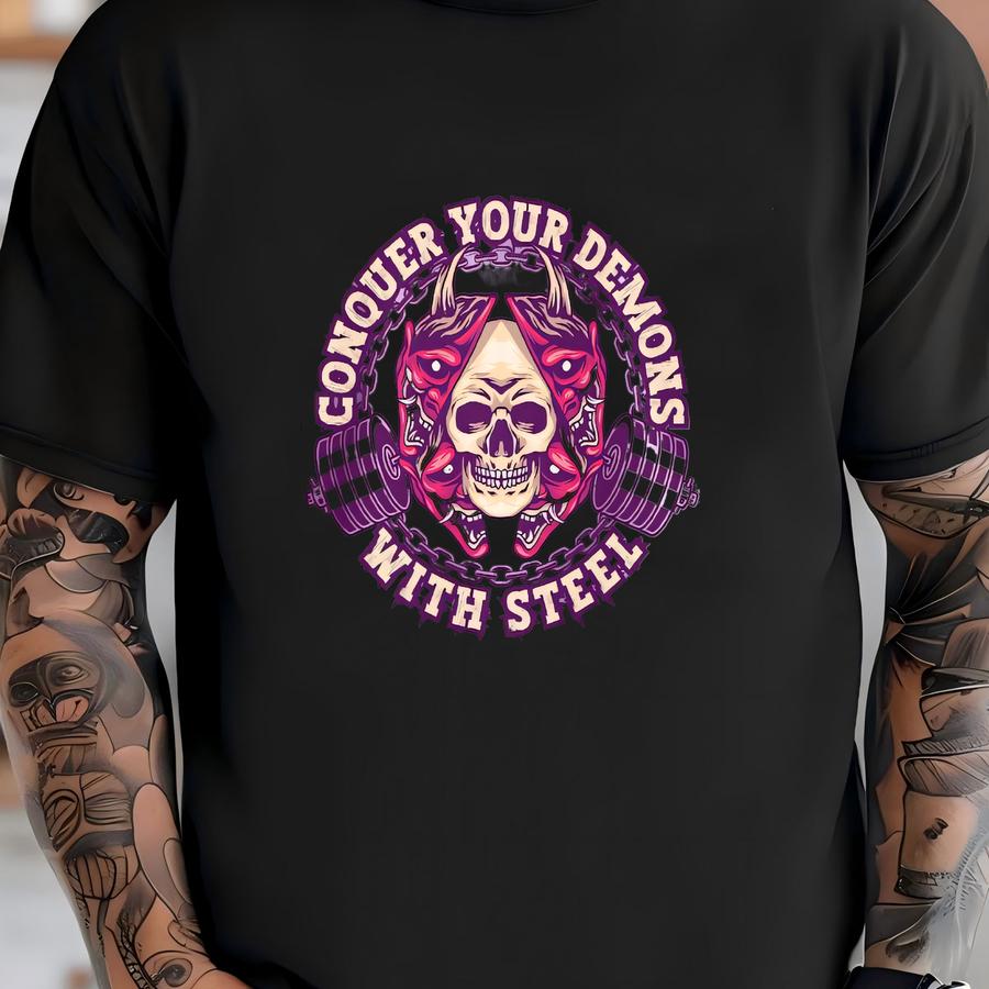 Conquer Your Demons With Steel Shirt, Gym Pump Cover, Weightlifting Gift, Oversized Gym Shirt, Gift For Gym Lover, Gym Tshirt T-shirt