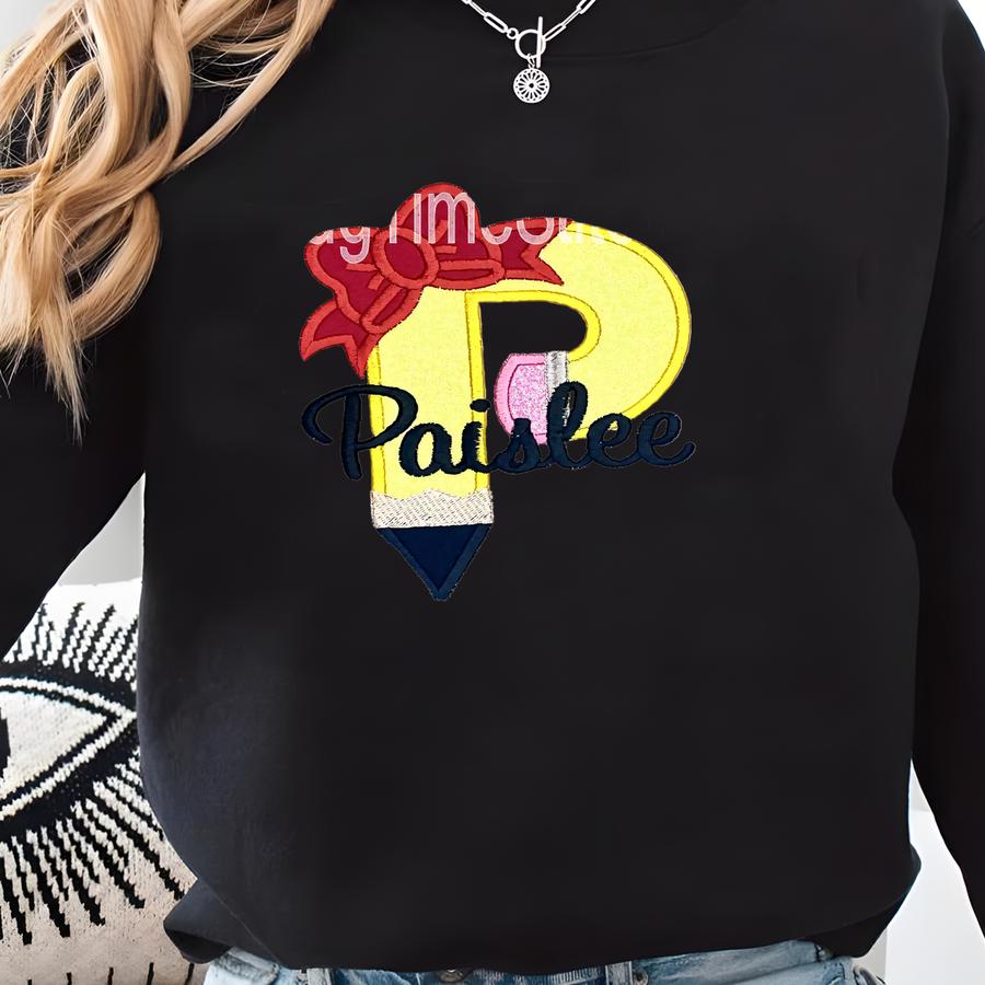 Personalized Pencil Applique Shirt: Glitter Bow, Back To School Sweatshirt