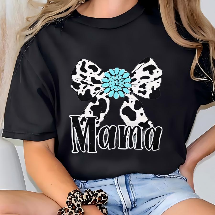 Cow Print Bow Mama Shirt, Gemstone Bow Shirt, Western Mama Shirt, Expecting Mom Gift, New Mom Gift Idea, Cow Print Shirt, Motherhood Shirt T-shirt