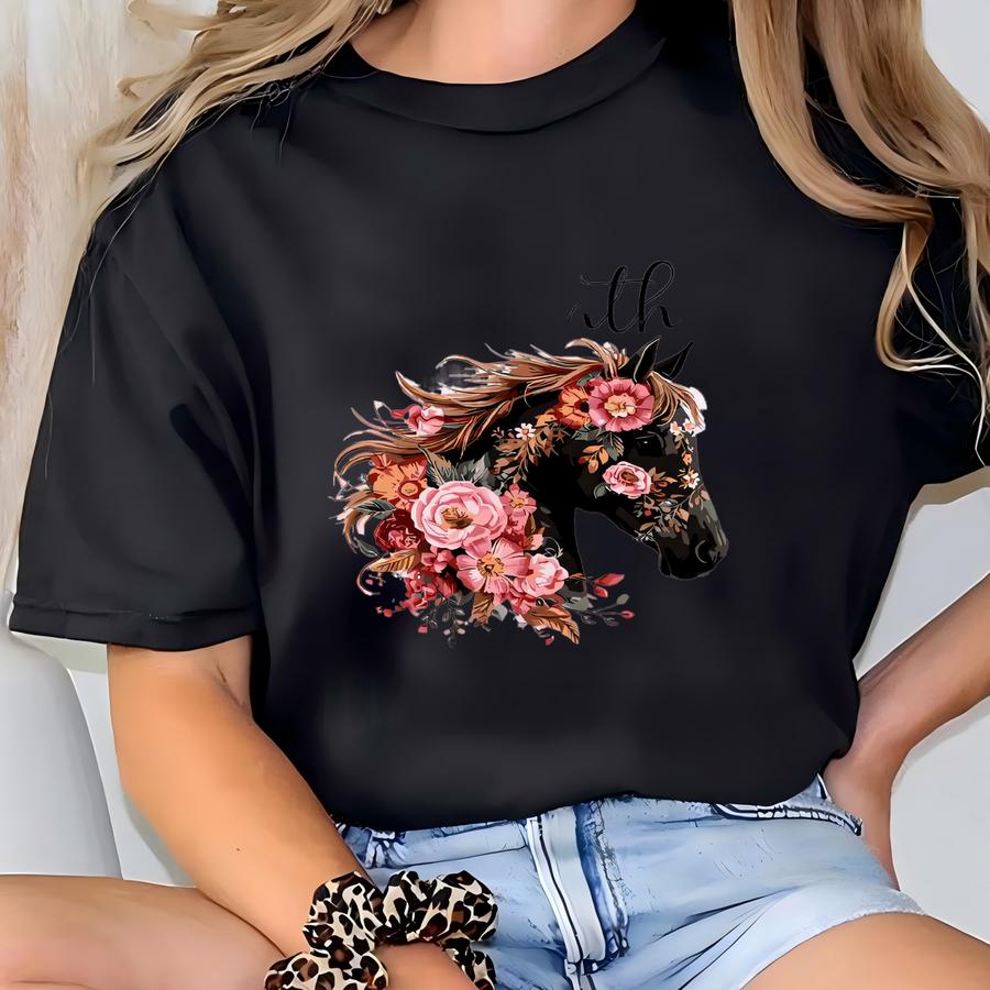 Personalized Wildflower Sweatshirt Horse Lovers Customized For Her Gift For Friend Custom Horse Tee Equestrian Top, Horse Apparel Floral Top T-shirt