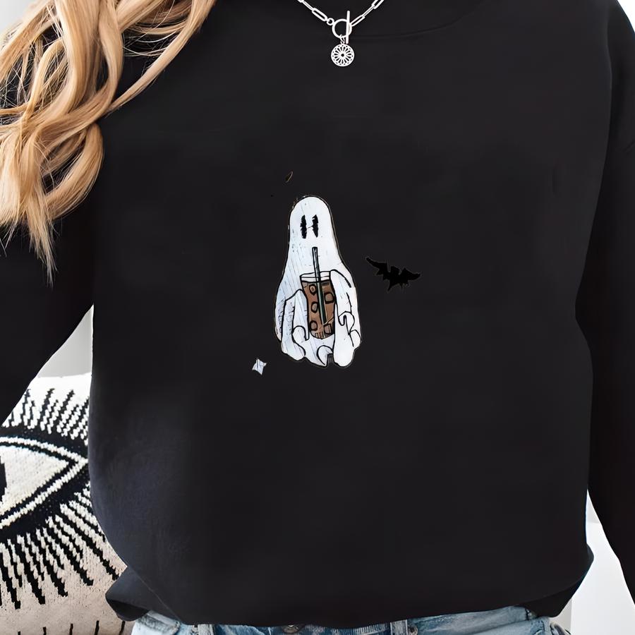 Iced Coffee Ghost Hoodie Halloween Ghost Zip Up Sweatshirt Cute Ghost Iced Coffee Lovers Sweatshirt Spooky Season Fall Shirt Sweatshirt