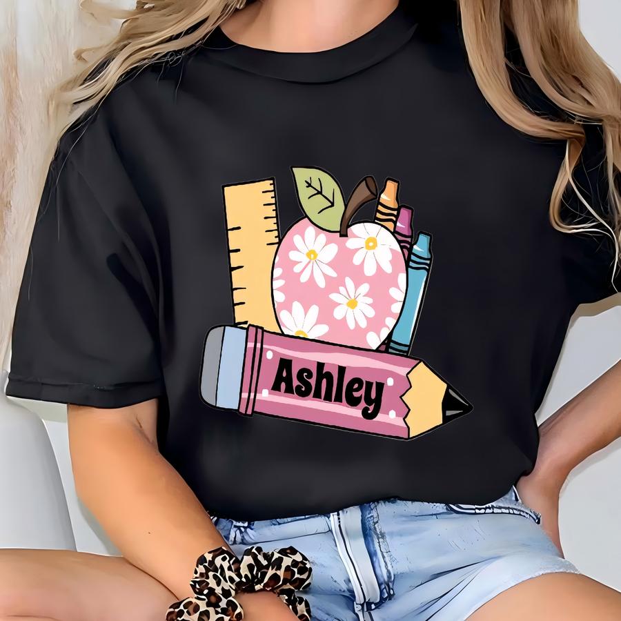 Personalized Teacher Tee: Custom Name Pencil Design, Teacher Appreciation Gift T-shirt