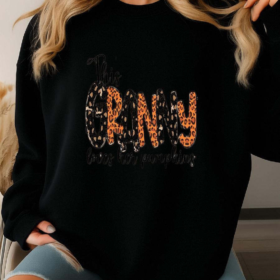 Granny Loves Her Pumpkins Png Svg, Fall Leopard Grandma Design. Custom Name Graphic. Personalize Grandkids, Kids, Family. Add Your Own Text. Sweatshirt