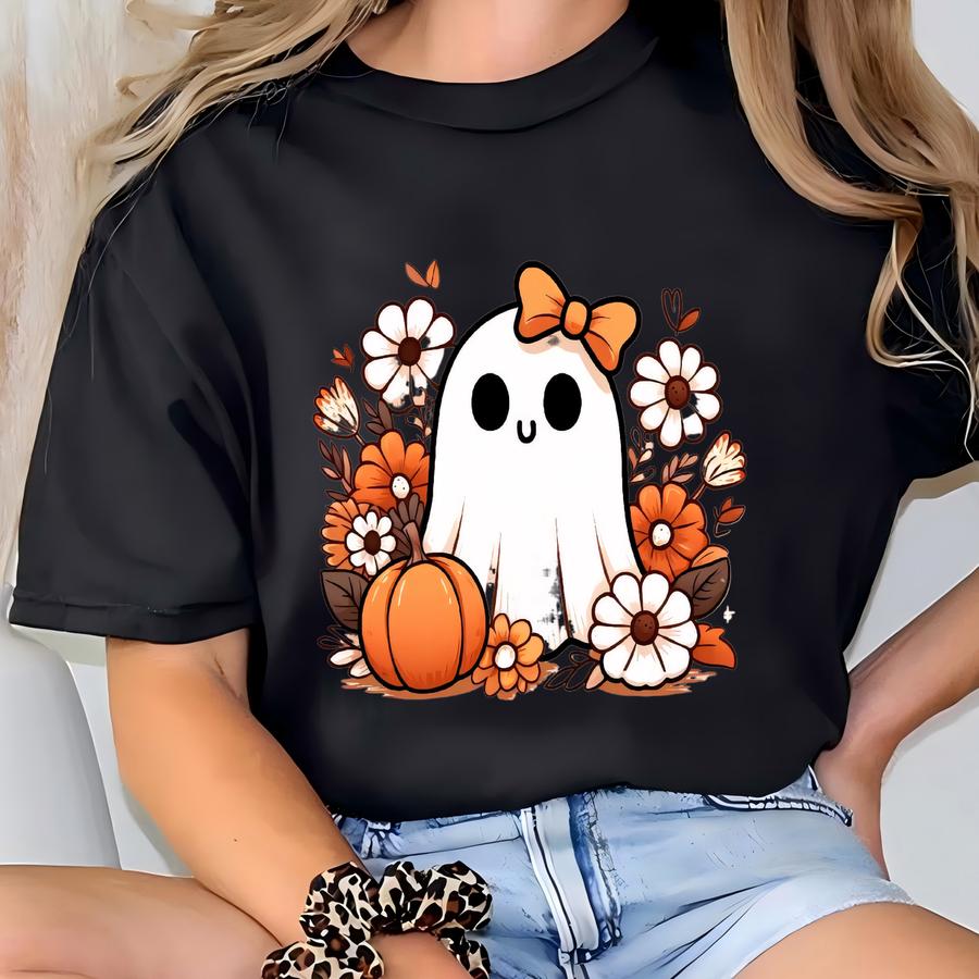 Fall Tee, Cute Ghost With Flowers Pumpkin, Ghost Fall Shirt, Premium Unisex Shirt, 3 Color Choices, 3x Halloween, 4x Halloween, Plus Sizes T-shirt